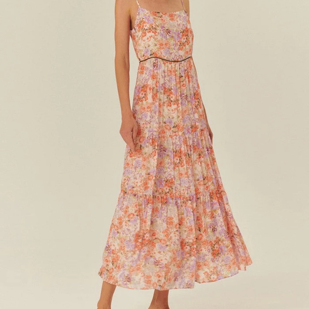 Floral Spaghetti-Strap Tiered Maxi Dress in Coral Pink
